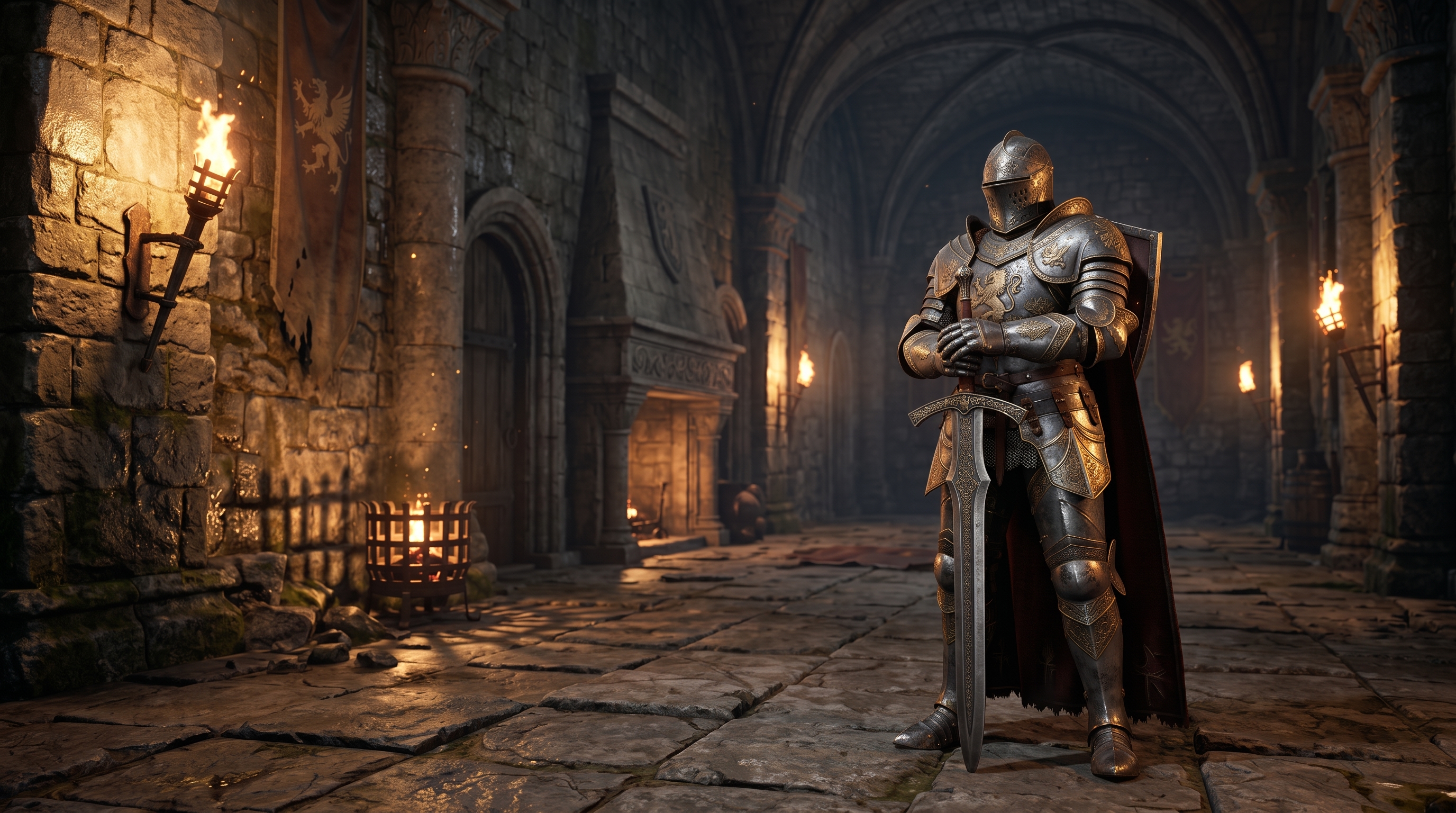 Medieval warrior in a castle hall